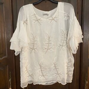 Elena Baldi white & silver Italian silk blend blouse w attached cami L NWT